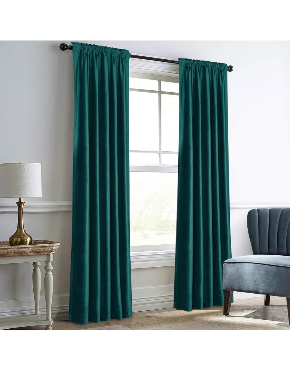 Teal Green Velvet Window Curtain Panels Room Darkening 52W X 96L